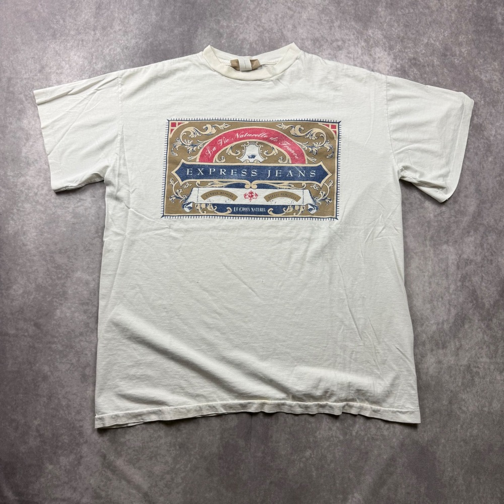 Vintage Express Jeans T Shirt White Graphic Single Stitch Made in USA OSFA 90s